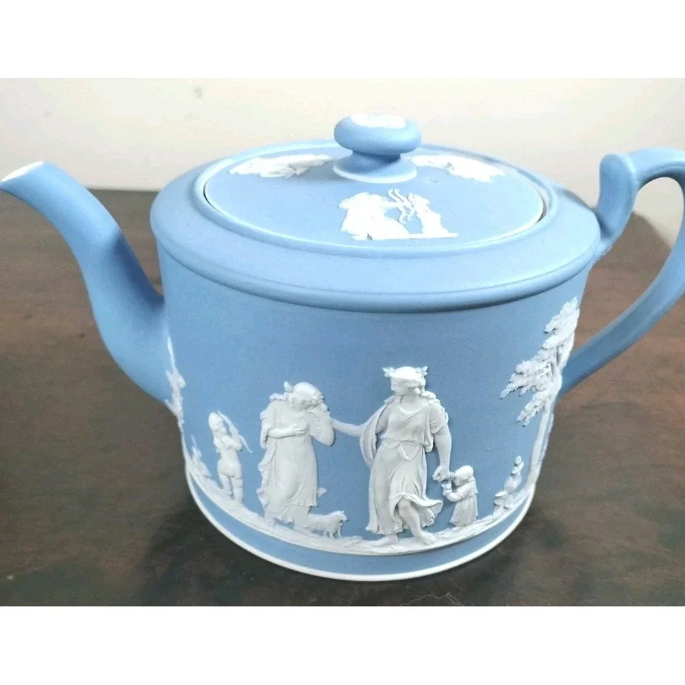 Antique Wedgwood Pale Blue Jasperware Teapot with Lid Classical Relief Motifs